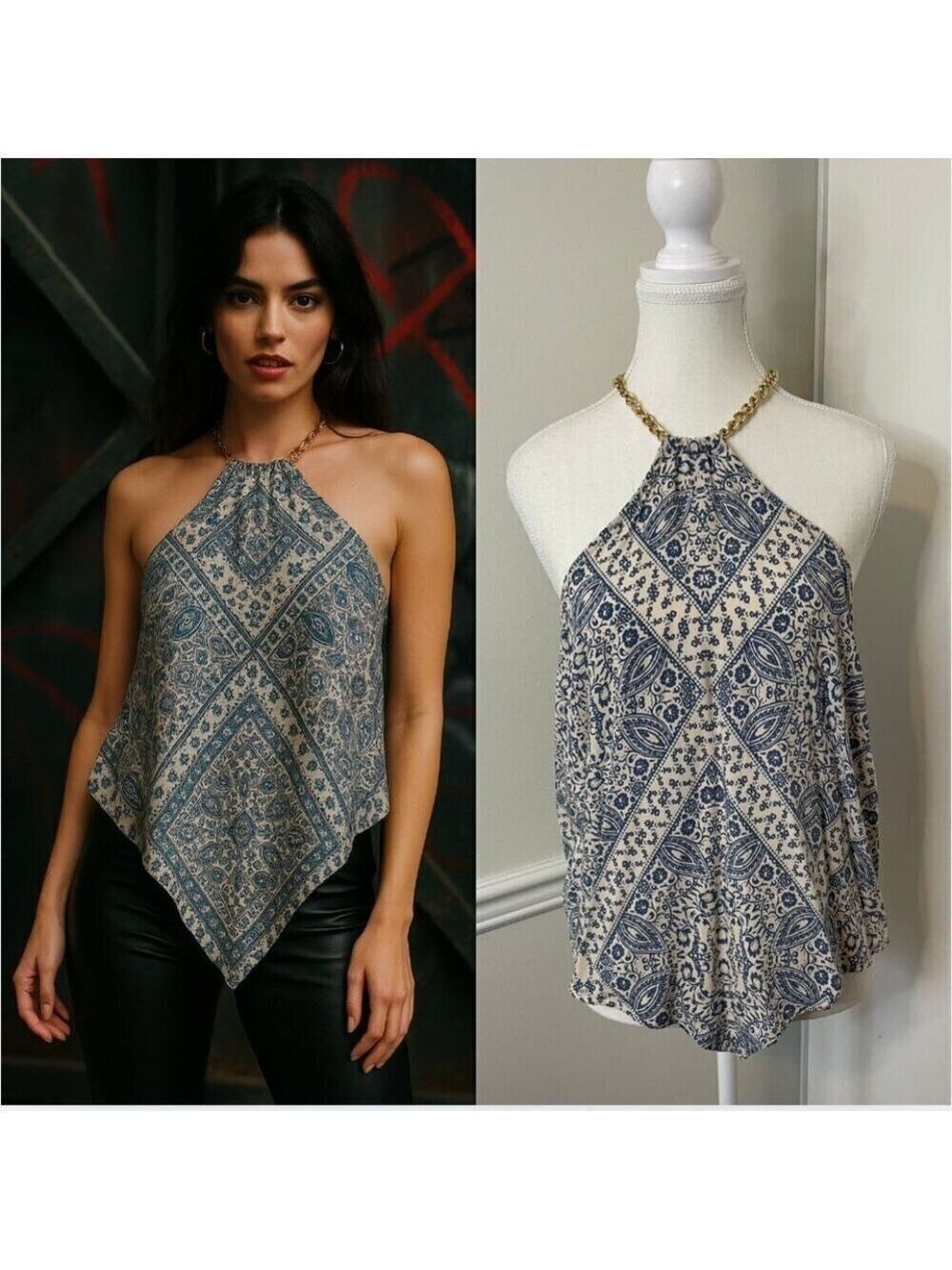 Eloquii Scarf Print Top with Chain Neckline